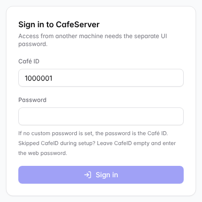 CafeServer sign-in screen