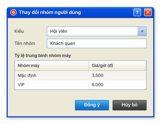 Hộp thoại Thay đổi nhóm người dùng: kiểu, tên nhóm và giá trên từng nhóm máy (giao diện cổ điển)