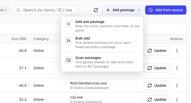 Add package menu