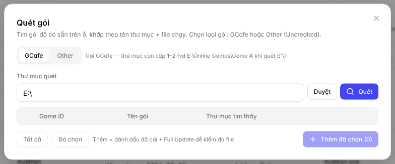 Hộp thoại Quét gói