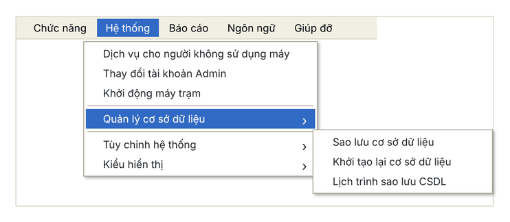 Menu Hệ thống › Quản lý cơ sở dữ liệu: Sao lưu, Khởi tạo lại, Lịch trình sao lưu (giao diện cổ điển)