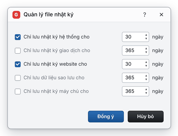Hộp thoại Quản lý file nhật ký với số ngày lưu cho từng loại nhật ký (giao diện mới)
