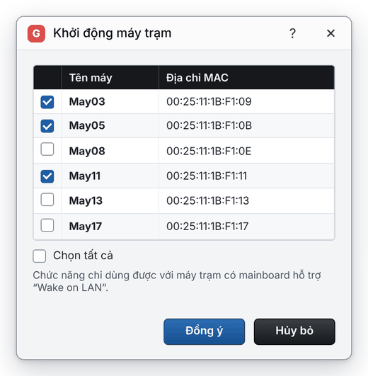 Hộp thoại chọn máy trạm cần khởi động từ xa theo tên máy và địa chỉ MAC (giao diện mới)