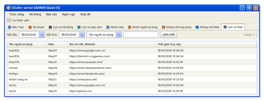 Tab Lịch sử Web: tên người dùng, máy, địa chỉ website và thời gian truy cập (giao diện cổ điển)