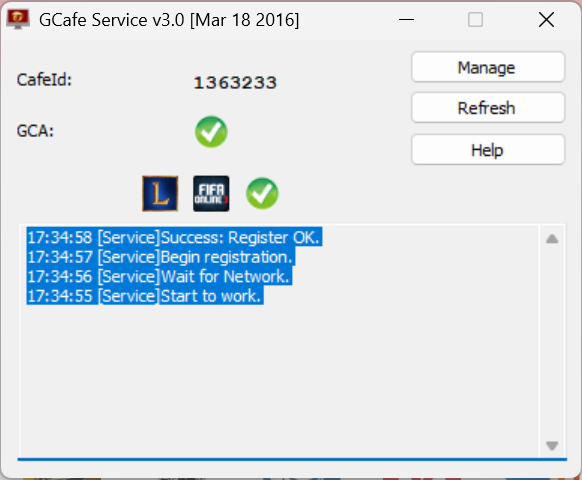 Cửa sổ GCafe Service v3.0 hiển thị CafeId, trạng thái GCA có dấu tích xanh, biểu tượng game Garena và nhật ký Register OK