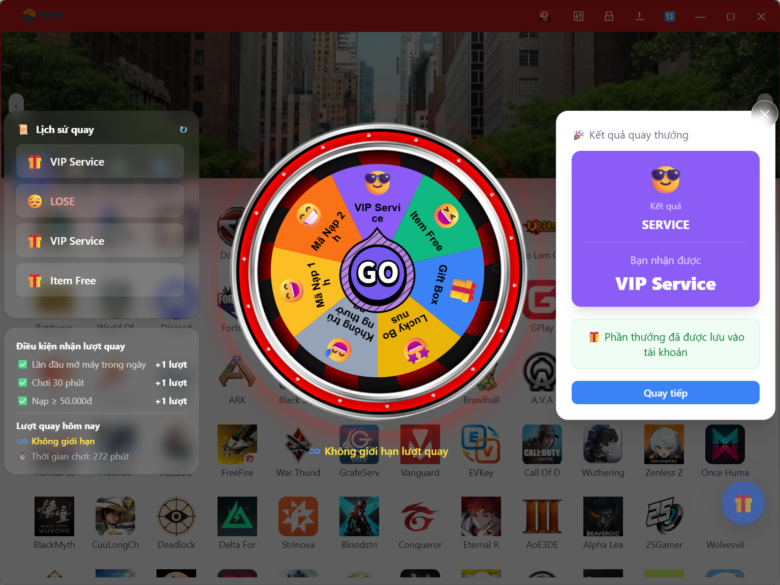 Hộp kết quả quay thưởng GameMenu báo khách nhận được VIP Service và phần thưởng đã lưu vào tài khoản