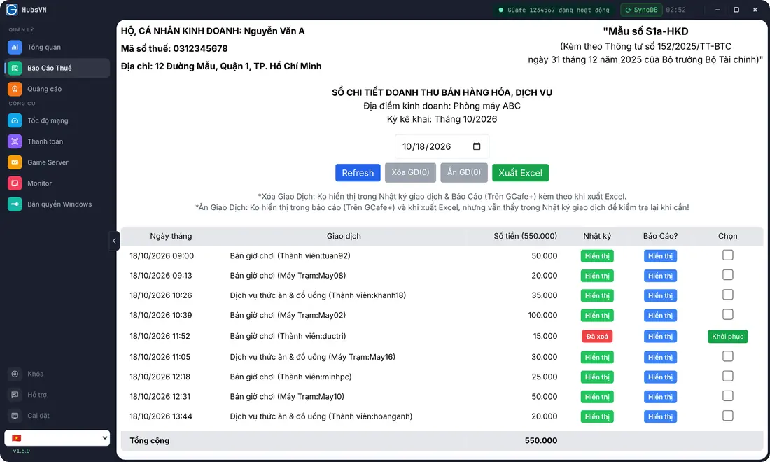 GCafe Portal: sổ doanh thu mẫu S1a-HKD